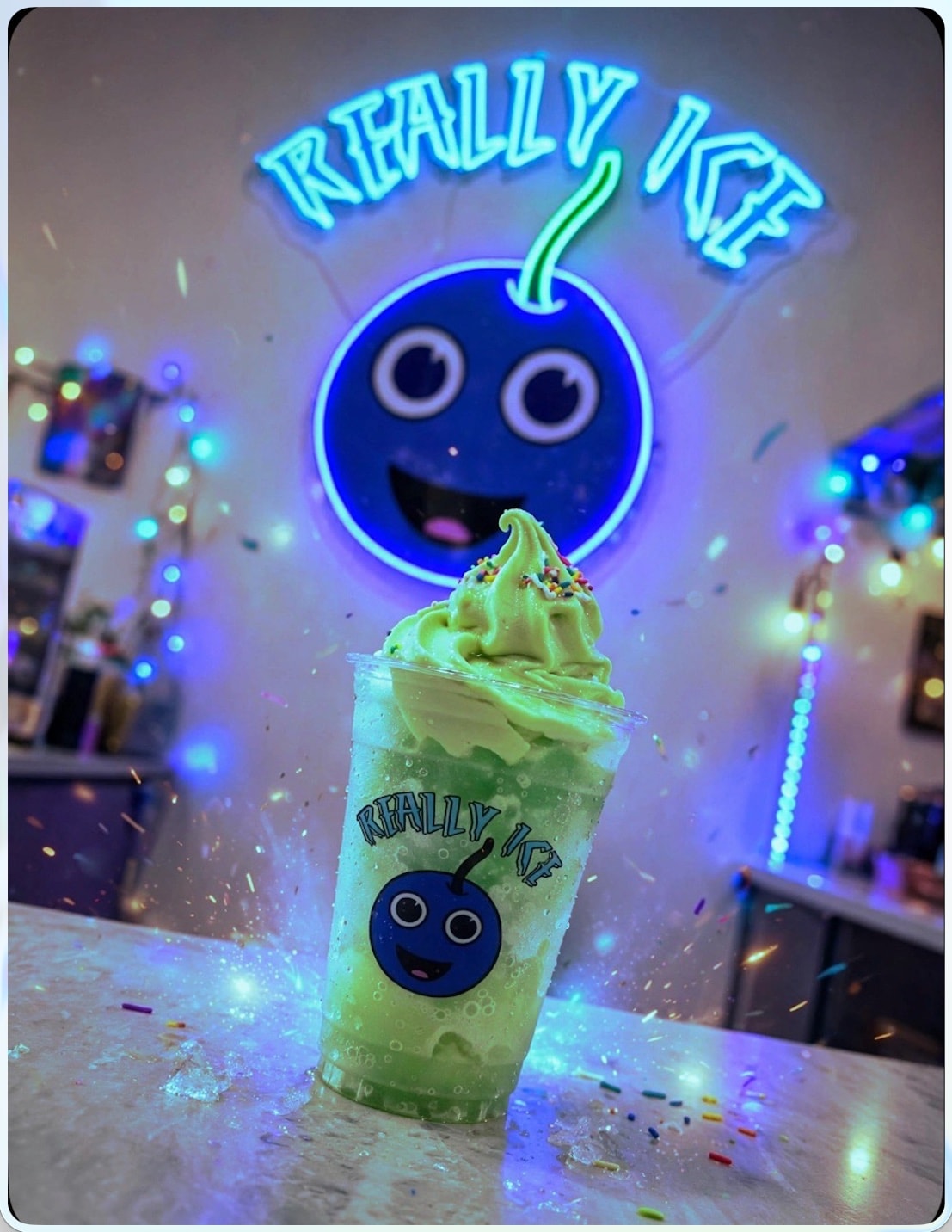A green gelati with sprinkles in front of the neon Really Ice sign at the shop
